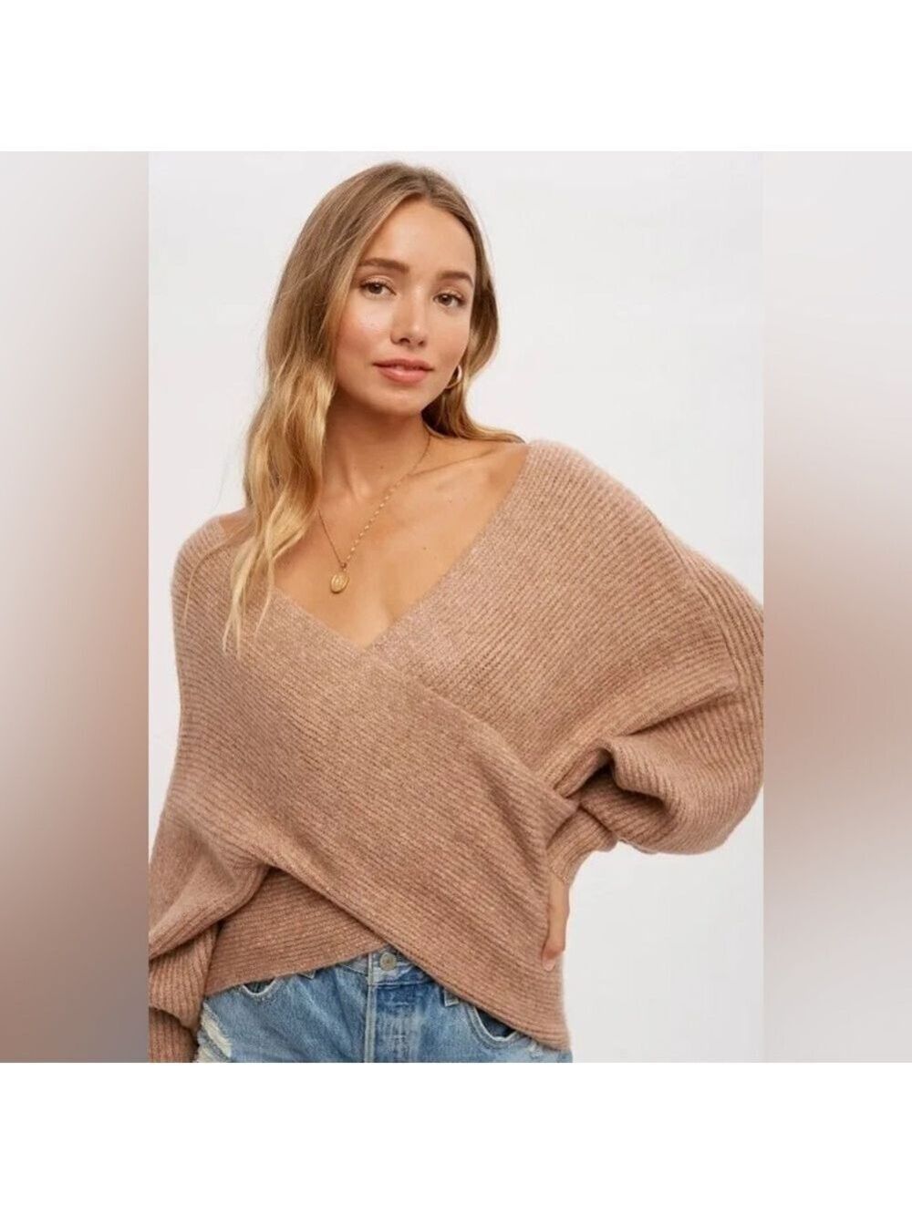 CLEAR OUT!!! Crossover Ribbed Pullover- Latte - Picture 3 of 11